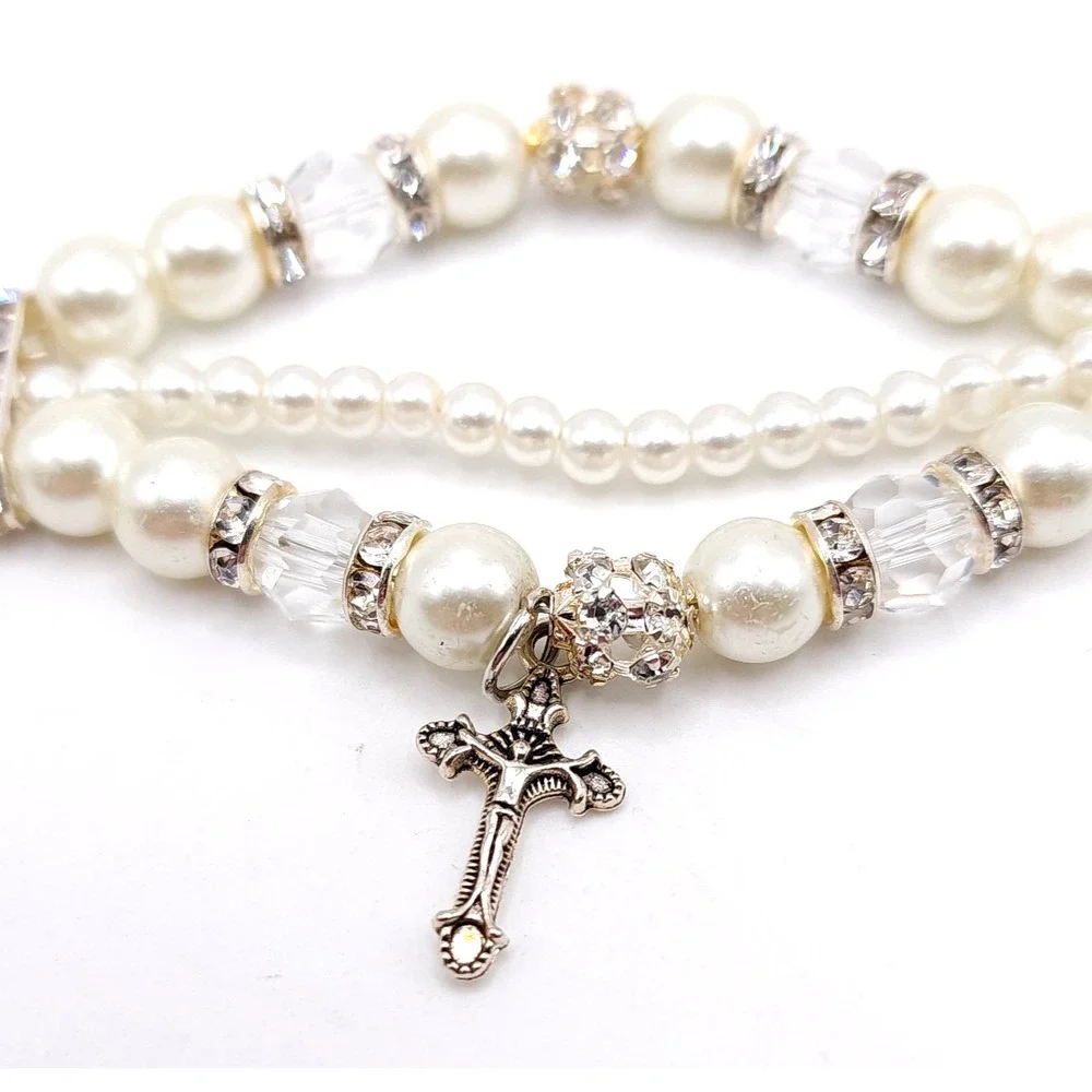 Pearl Cross‎ Charm Multi Strand Bracelet